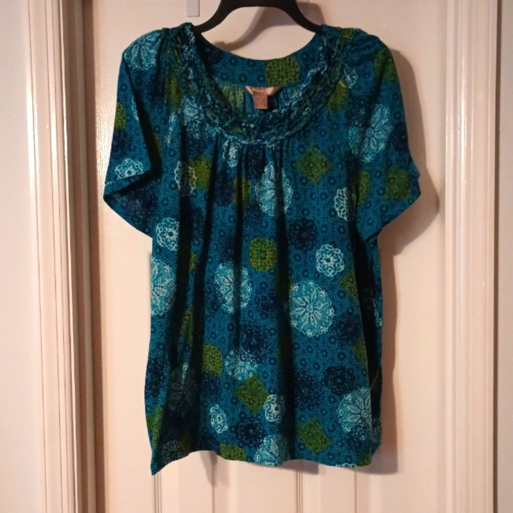 White Stag Short Sleeve Blue Patterned Top 2X